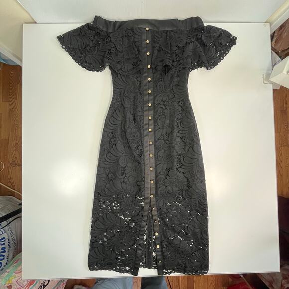 KEEPSAKE XXS Black Off The Shoulder Lace Pencil Short Sleeve Dress - Picture 10 of 10